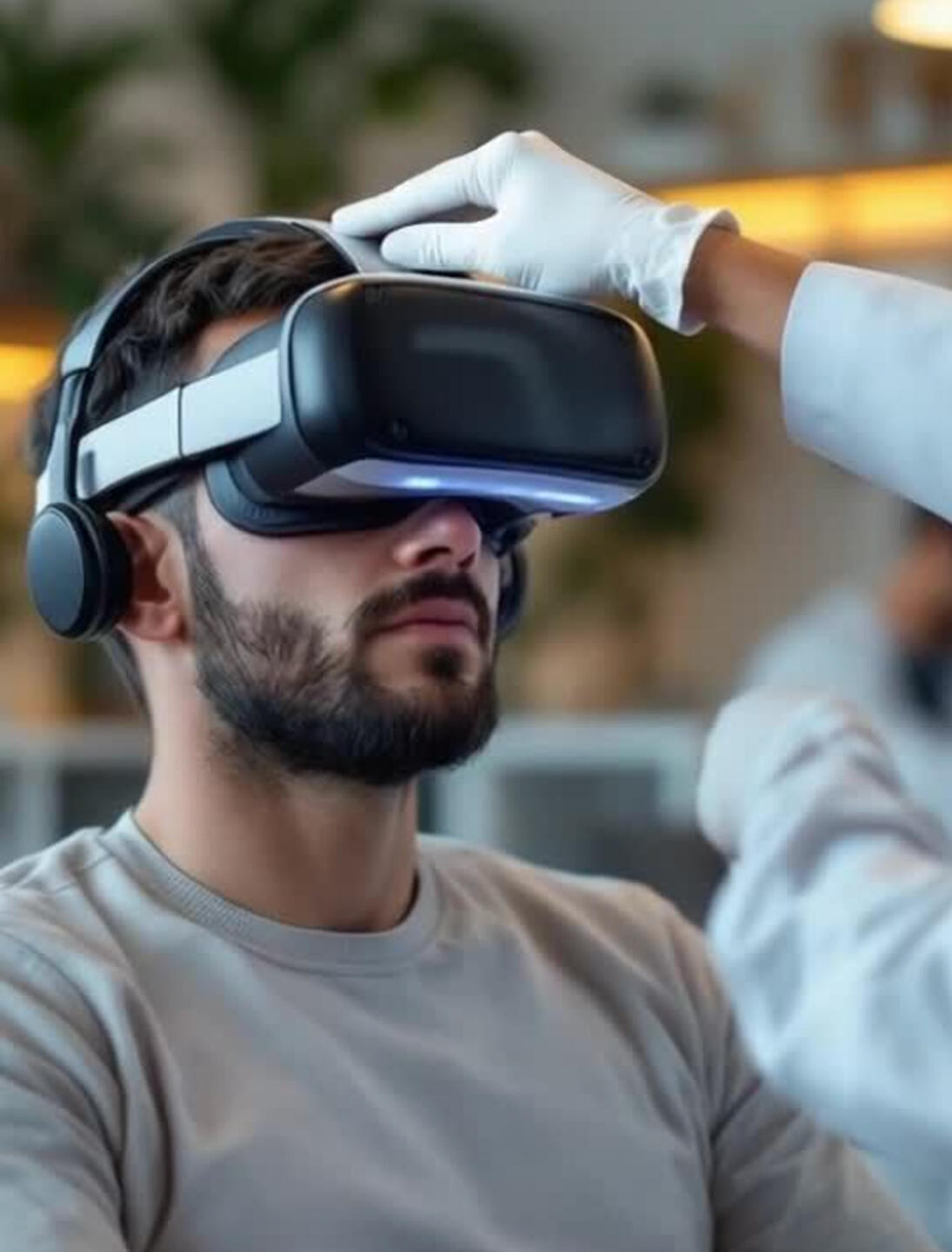 QuantumTruthScan™: Subject Interface Initialization A man wearing a high-tech VR headset undergoing neural calibration during the initial phase of QuantumTruthScan™.