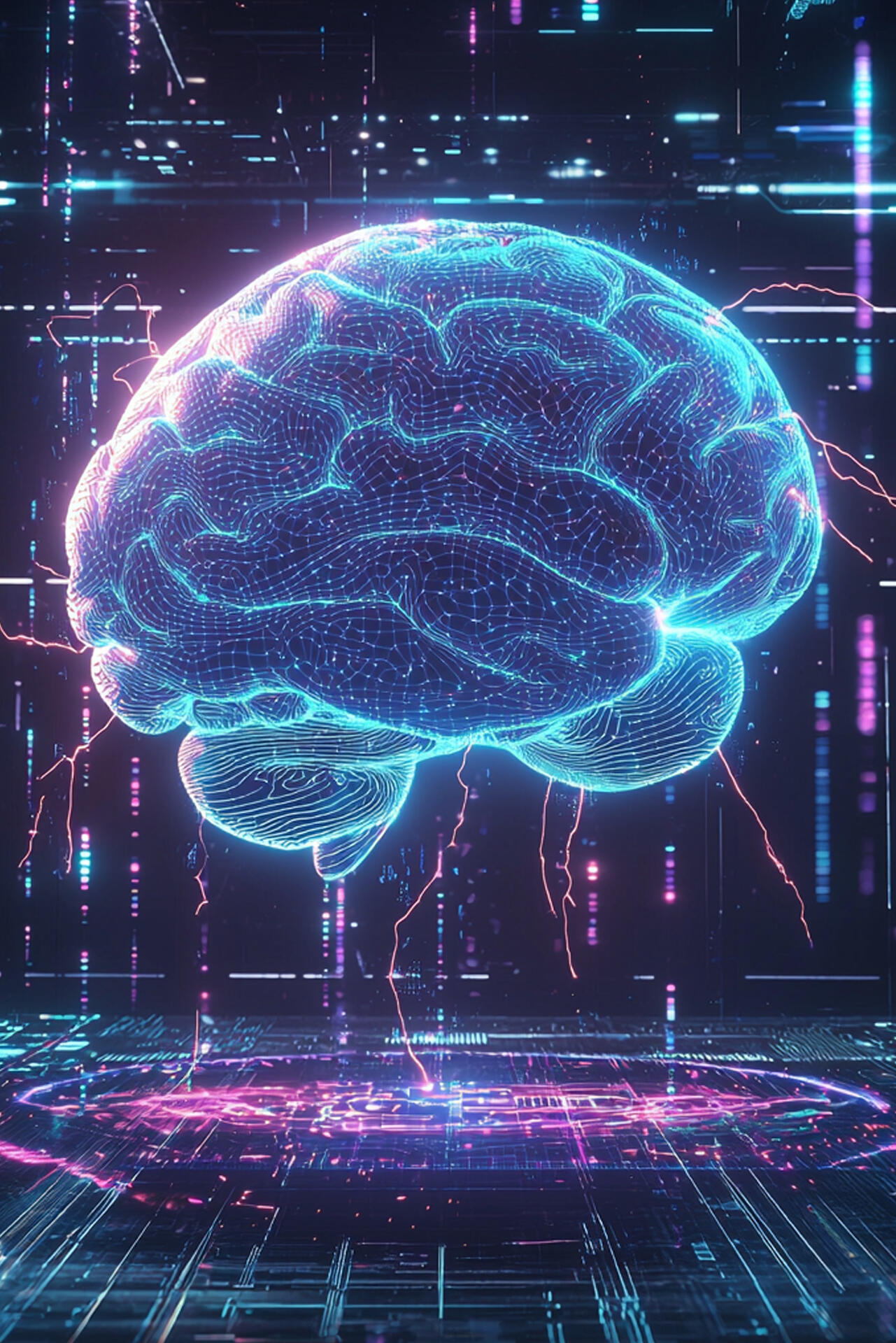 Quantum Neural Framework: Internal Visualization A holographic digital brain glowing with data threads, symbolizing the consciousness-based framework behind QuantumTruthScan™.